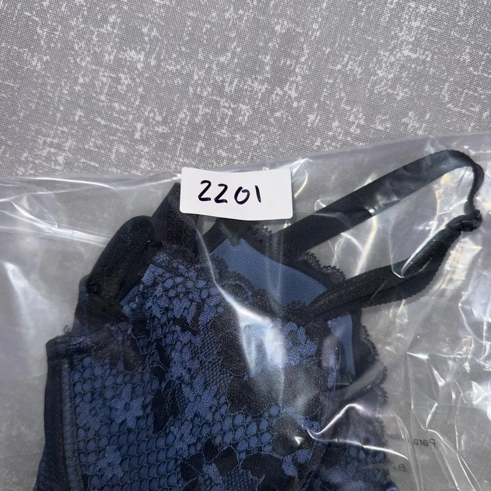 Adore Me Bra Womens 34DDD Blue Lace Longline Underwire Padded Molded Floral